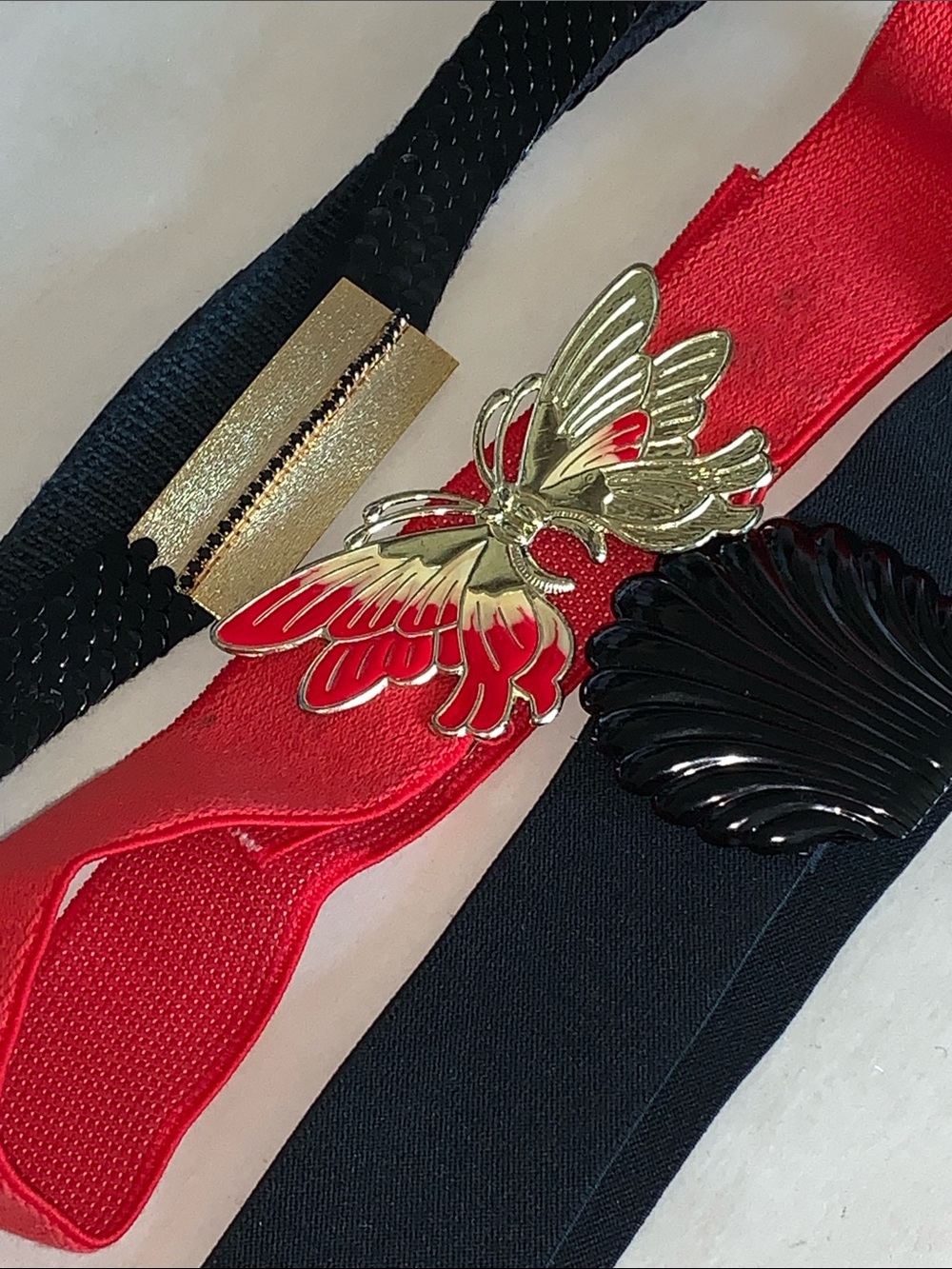 Vtg 80s stretch belt with clasps butterfly seashell black diamond sequin lot